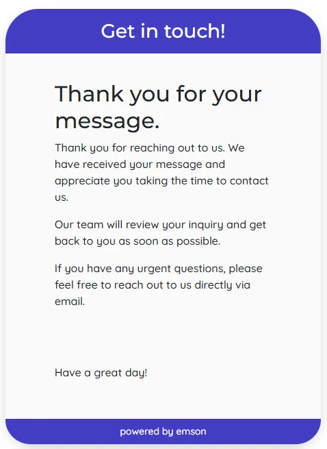 Emson Widget Thank You Message Preview